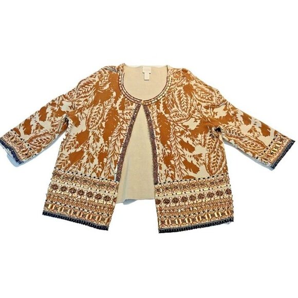 Sz 3 CHICO'S Embellished Beaded 3/4 Sleeve Moroccan Leaf Print Cardigan Sweater - Picture 3 of 11